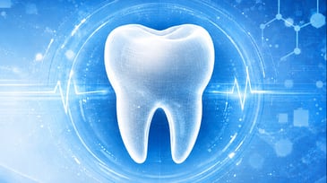 Glowing white 3D tooth over a blue digital background with heartbeat lines and molecular graphics